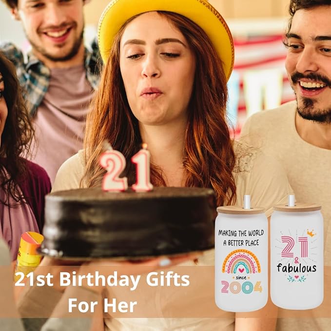 Vivulla68 21st Birthday Gifts For Her, Him - Gifts For 21 Year Old Female, Male - 2004 Birthday Gift For Women Men - 21st Presents For Her - 21 Gift Ideas - Frosted Glass