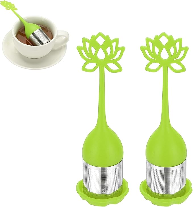 uxcell 2 Pcs Lotus Tea Infuser, Stainless Steel Loose Leaf Tea Steeper Filter with Silicone Handle Reusable Thin Pores Mesh Strainer Diffuser for Teacups Teapots Mugs, Green