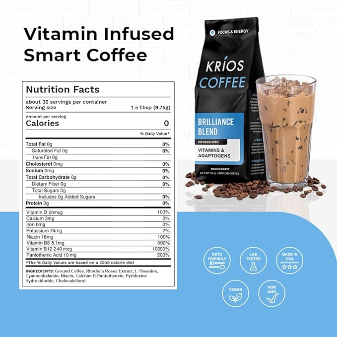 Krios Coffee Brilliance Ground Coffee, Enhance Energy & Focus with Essential Vitamins, L-Theanine & Rhodiola Rosea, Medium Roast, Smooth, 10 oz bag