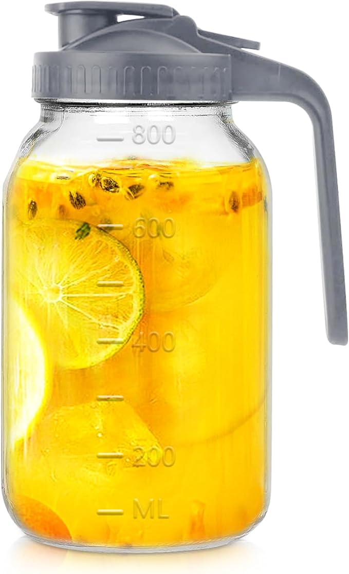 32 oz Glass Pitcher with Lid, 1 Quart Breastmilk Pitcher Double Leak Proof, Wide Mouth Jar with Flip Cap Lid, Heavy Duty Container for Water, Juice, Milk, Tea, Iced Coffee, and Drinks（Grey）