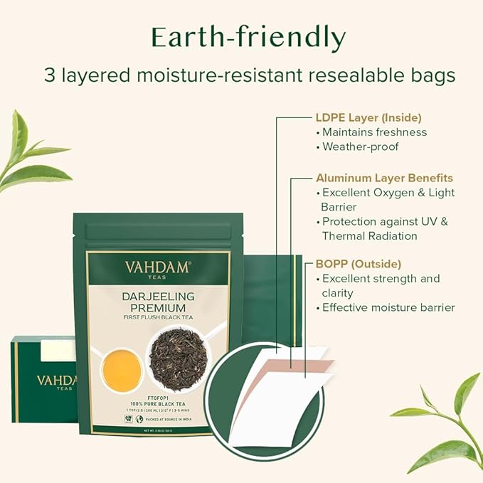 VAHDAM, First Flush Darjeeling Tea - 50 Cups (3.53oz) | Loose Leaf Black Tea - Flowery, Aromatic & Delicious | Picked, Packed & Shipped Direct From India | Champagne Of Teas | Mellow & Fragrant