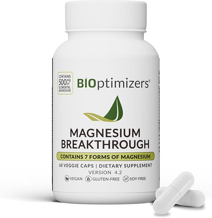 BIOptimizers Magnesium Breakthrough Supplement with 500mg - 7 Forms of Magnesium: Glycinate, Malate, Citrate, and More - Natural Support for Sleep and Cognitive Function -60 Capsules- Calming Vitamins