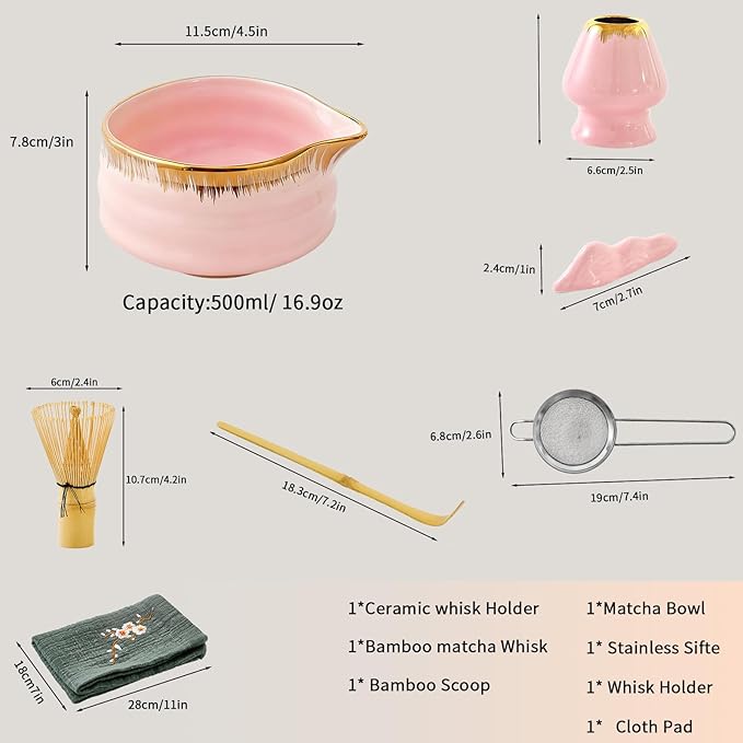 7-Piece Matcha Whisk Set: Pink Ceramic Bowl with Spout Edge (Golden Texture Design), Including Bamboo Whisk, Sieve, Spoon, etc., Suitable for Home Use/Matcha Lovers, Easy to Clean