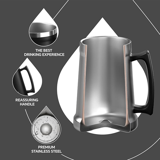 Ideus Insulated Beer Stein, 24/32oz Stainless Steel Double Walled Beer Mug Giant Bar Drinkware Metal Beer Cup with Big Grip Handle (Black, 24oz (710ml))