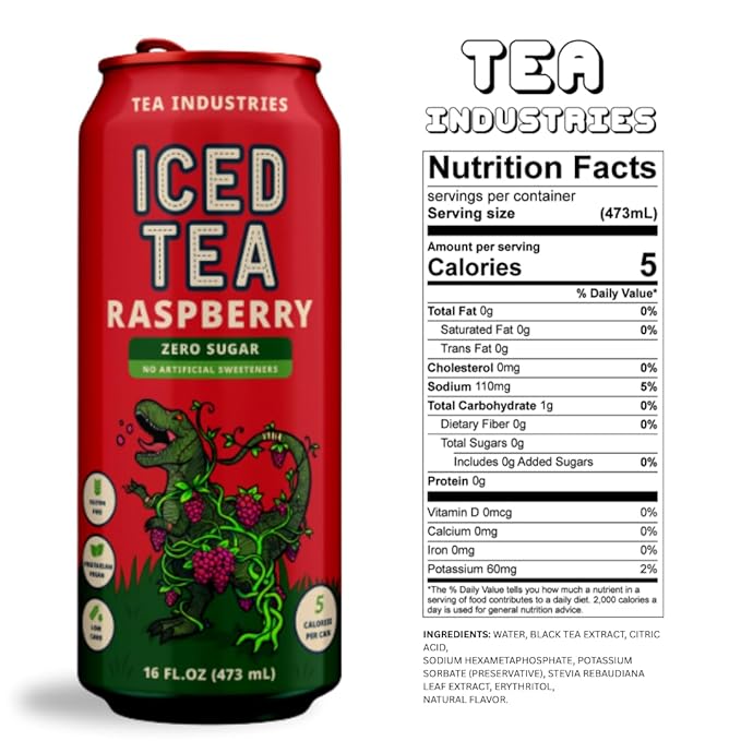 Tea Industries Black Tea with Raspberry Iced Tea – Sugar Free, Low Calorie Refreshing Drink, Natural Fruity Flavor, 16oz Cans (12-Pack)