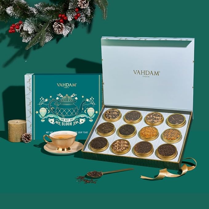 VAHDAM, Bloom - Assorted Christmas Tea Gift Sets (12 Loose Leaf Tea) Tin Caddy Presentation Box | Gluten Free, Non GMO | Holiday Gifts for Everyone