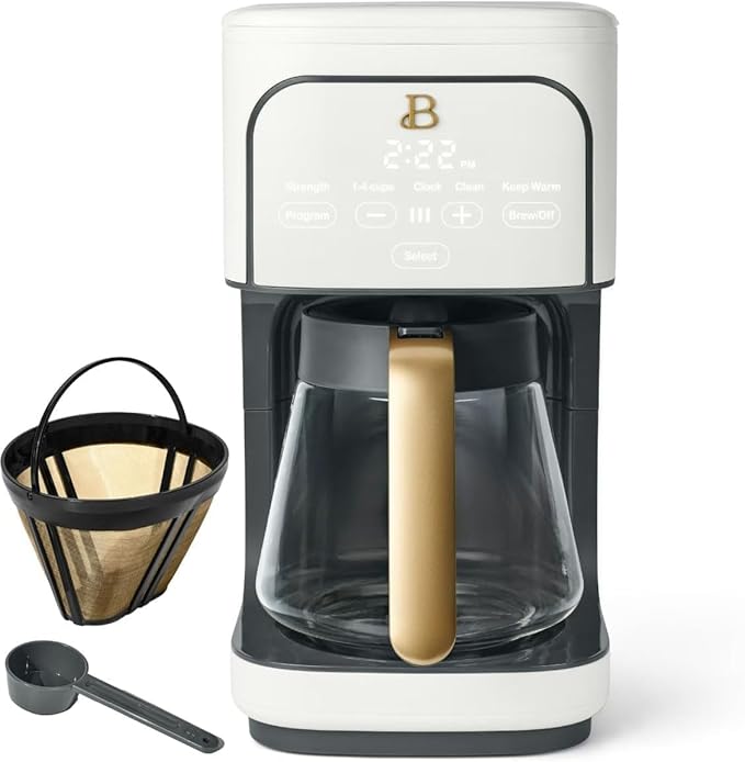 Beautiful 12 Cup Programmable Coffee Maker, Drip Coffee Machine with Glass Carafe, Automatic Brew Strength Control, Espresso Maker Function, Compact Espresso Machine (White Icing)