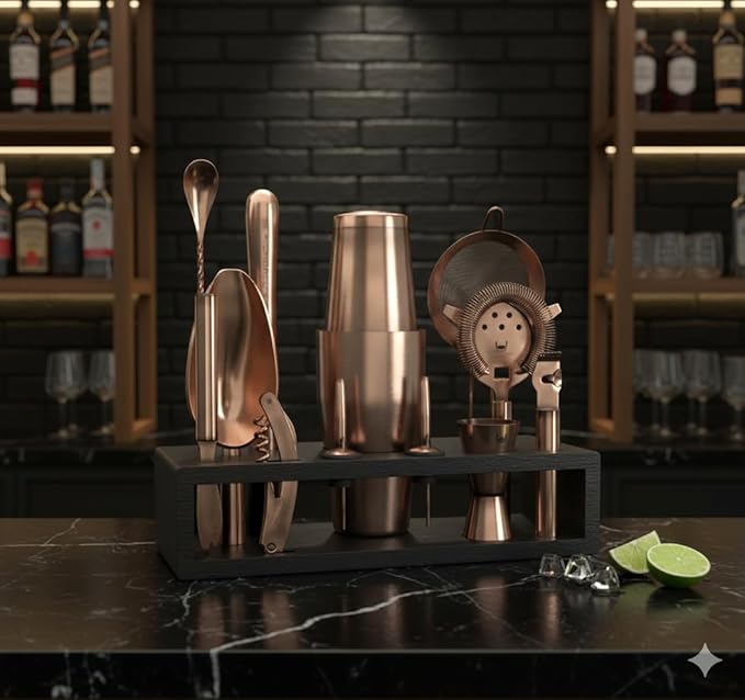 Highball & Chaser Bartender Kit with Black Bamboo Stand Beautiful Cocktail Shaker Set and Bar Tools Stainless Steel Boston Shaker Bartender Kit with Stand (Antique Copper)