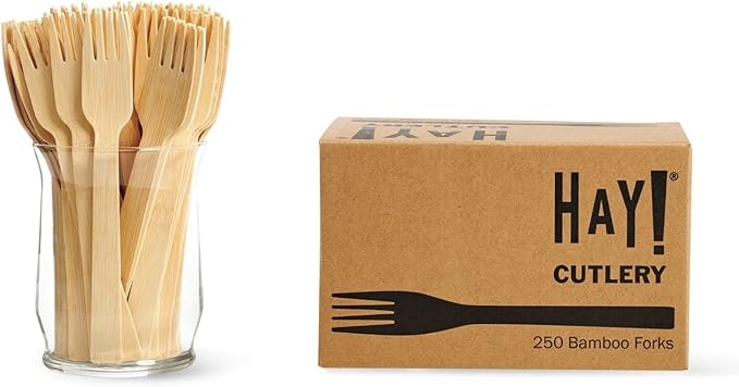 HAY! Bamboo Forks | 250 ct Unwrapped Forks | Biodegradable Utensils | Compostable & Plastic-Free | Heavy-duty Fork | For To-Go Meals or Events | Wooden Fork