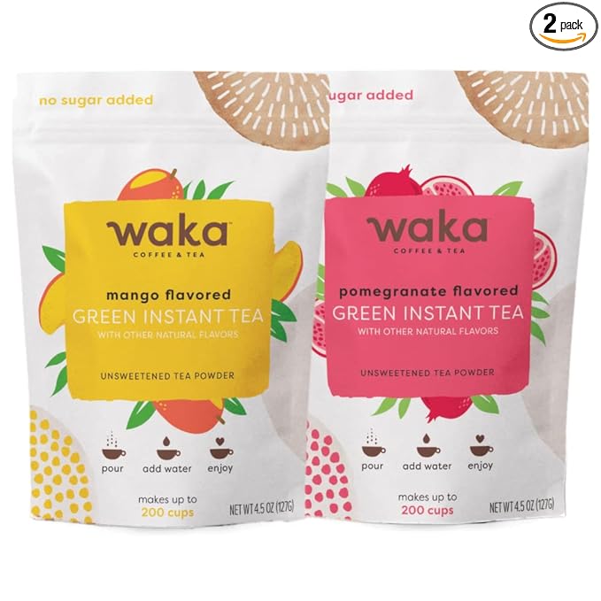 Waka Instant Tea Mix - 2 Bag Bundle (4.5oz Each), Unsweetened Tea Powders - Mango & Pomegranate Flavored Green