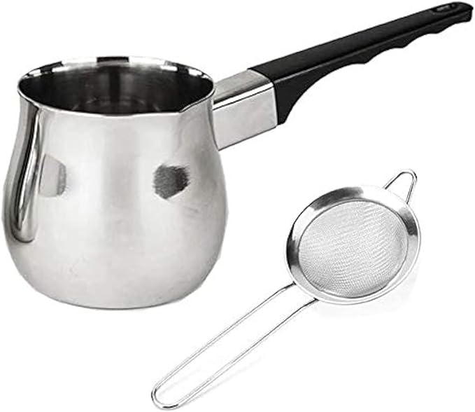 18oz Chai teapot and strainer combo. Turkish coffee pot and fine mesh strainer together for making perfect Prana Chai at home