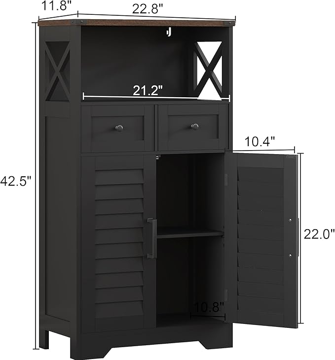 ChooChoo Farmhouse Storage Cabinet, Bathroom Floor Cabinet with Doors and Drawers, Kitchen Pantry Cabinet for Living Room, Laundry, Black