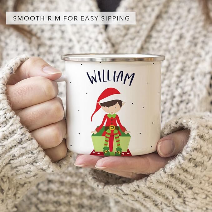 Andaz Press Personalized Name 11oz. Kids Christmas Hot Chocolate Stainless Steel Campfire Coffee Mug, Red Boy Xmas Elf Seated, 1-Pack, Custom Birthday Xmas Cup Christmas Hot Chocolate Mug