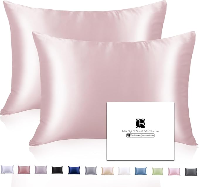 Ravmix Silk Pillow Cases 2 Pack with Zipper, 21momme Mulberry Silk Pillowcase for Hair Skin, Soft Smooth Breathable Cool Pillow Cover for Beauty Sleep with Gift Box(Queen 20"x30", Light Pink)