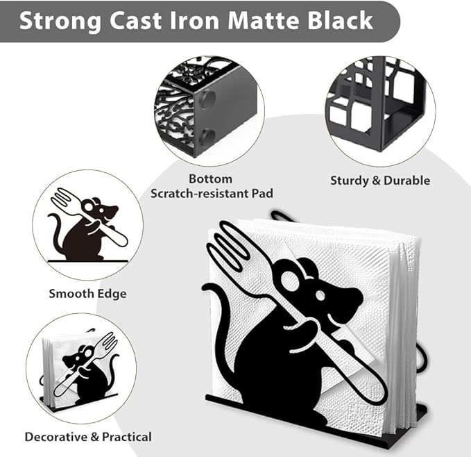 Funny Mouse Decorative Black Metal Napkin Holder for Table, 5.3" x 4.9" x 1.9" Mouse Fork Animal Standing Napkin Holder for Home Kitchen Restaurant Picnic Party Coffee Bar Dining Room
