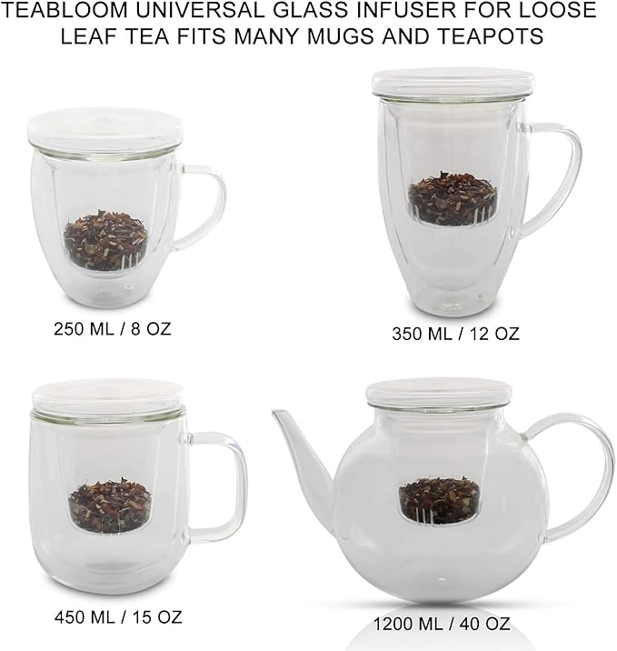 Teabloom Universal Glass Tea Infuser with Dual-Purpose Lid/Coaster – Hygienic, Non-Toxic Glass Filter for Loose Tea Leaves – Lead-Free & Cadmium-Free – Tea Purist's Choice