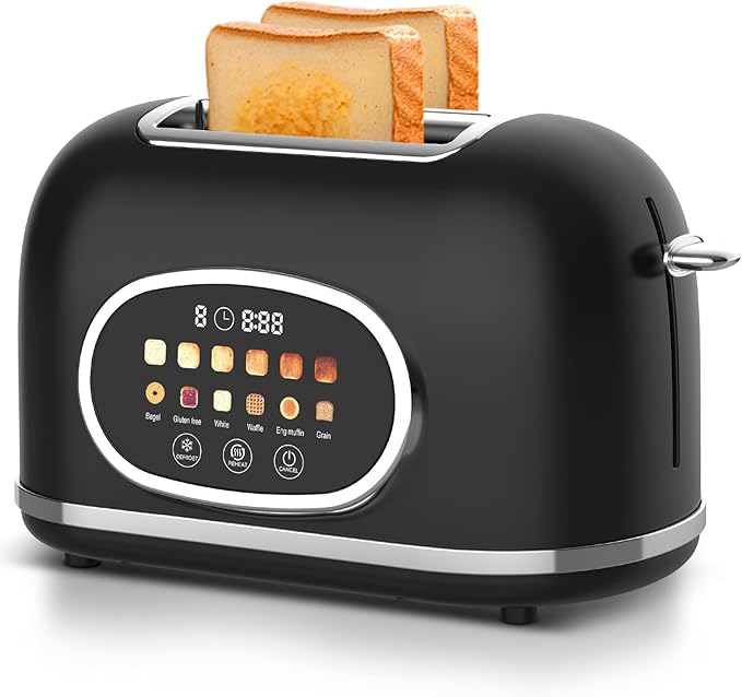 Digital 2-Slice Toaster with Touch Screen - 1.5'' Wide Slots, 6 Browning Levels, 6 Modes (Bagel/Waffle/Muffin) & 3 Functions (Defrost/Reheat/Cancel) + Countdown Timer, Matte Black Retro