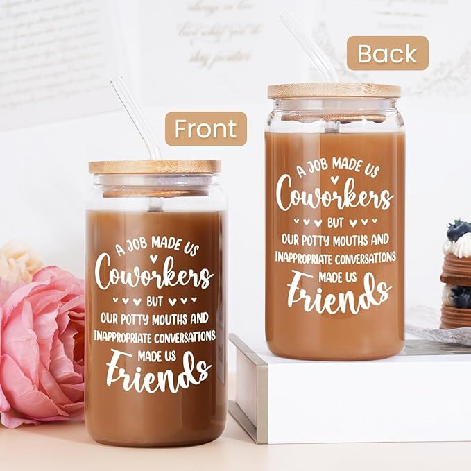 SANDJEST Coworker Gift for Women - 16oz Can Glass Coffee Cup - Funny Work Bestie Gift - Farewell Going Away Present for Female Colleagues and Friends