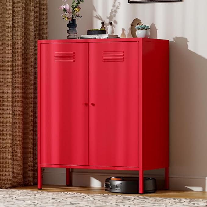 Red 2 Tier Metal Storage Cabinet with Legs, Small Accent Cabinet with Adjustable Shelf, Storage Side Table, 2 Door Storage Cabinet for Home, Office, Entryway, Kitchen,Bathroom,Dining Room