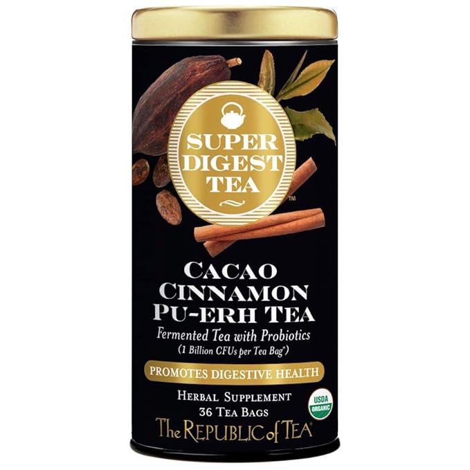 The Republic of Tea Organic Cacao Cinnamon Pu-erh SuperDigest Tea® | Probiotic Tea Bags (36 count)