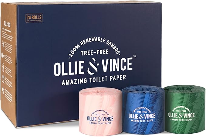 Ollie & Vince Bamboo Toilet Paper | Sustainable, Eco-Friendly, Plastic-Free & Tree-Free, Organic | 24 Rolls, 3-Ply, Soft, Strong & Septic Safe, Unscented | Premium Bathroom Tissue
