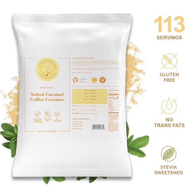 5 SPARROWS Sugar-Free Salted Caramel Powder Drink Mix- Stevia, Keto Friendly, No Sugar Coffee Creamer, 40 oz (2.5lb)