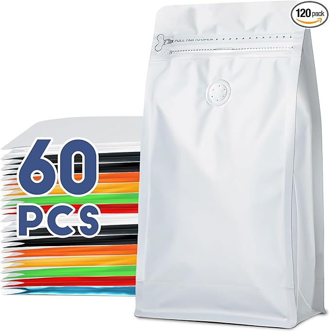 Coffee Bags with Valve(60pcs,4 oz,0.25 lb) Vented Coffee Beans Packaging Bags High Barrier Aluminumed Foil Flat Bottom Heat Sealed Side Zipper Resealable Storage Bag for Home or Business（White）
