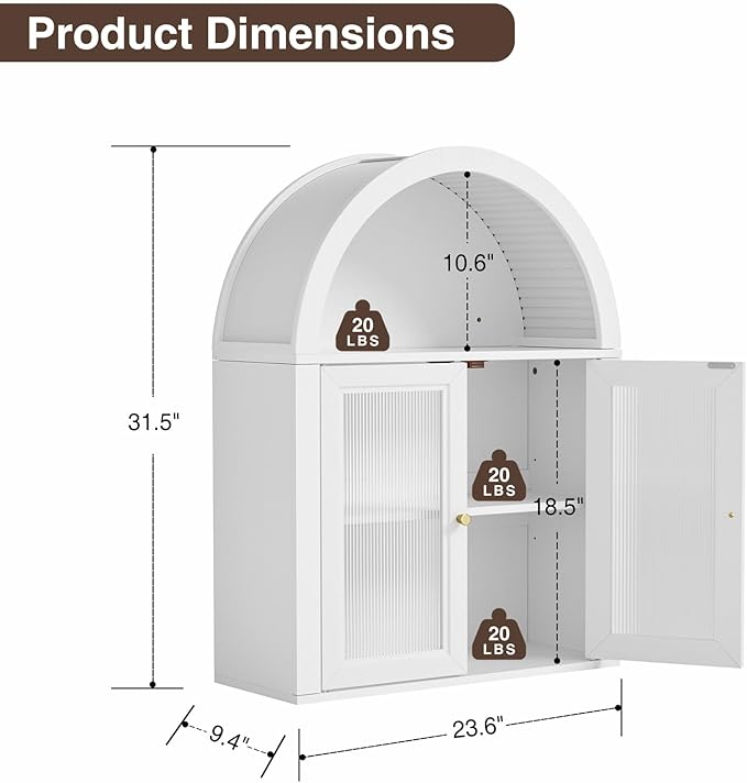 Arched Bathroom Cabinet, Wall Mounted Bathroom Cabinet with Tempered Glass Doors and Adjustable Shelf, for Kitchen, Living Room, Laundry Room, Restroom, White