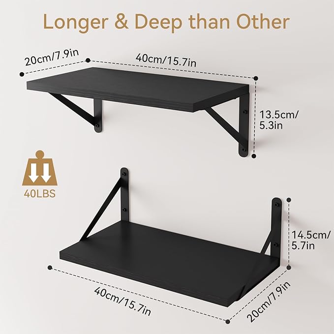 IBUYKE Deep Floating Shelves for Wall,8 Inch Deep Floating Shelves Set of 2,16W x 8D Wood Wall Shelf,Wide Floating Bookshelf for Living Room, Kitchen, Office TFS002R-2