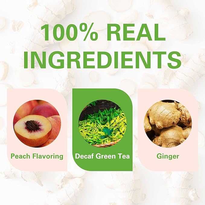 WT WEETEE Decaf Ginger Peach Green Tea Bags, Made of Decaffeinated Green Tea, Ginger & Natural Peach Flavor, Flavored Fruit Tea Bags 50 Counts Good for Iced