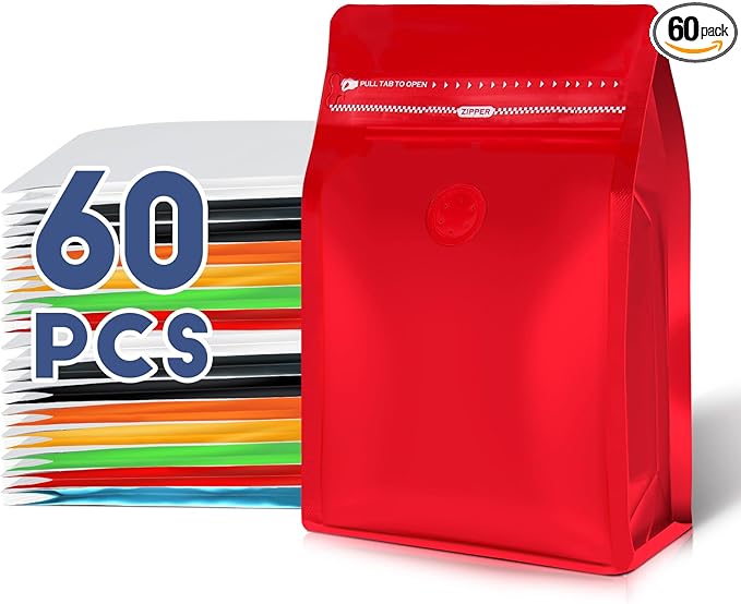 Coffee Bags with Valve(60pcs,8 oz,1/2 lb) Vented Coffee Beans Packaging Bags High Barrier Aluminumed Foil Flat Bottom Heat Sealed Side Zipper Resealable Storage Bag for Home or Business（Red）
