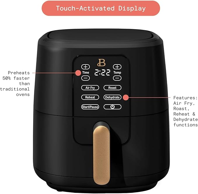 Beautiful 6 Qt Air Fryer with TurboCrisp Technology, EverGood Ceramic Nonstick Coating - Roast, Reheat and dehydrator, kitchen appliances by Drew Barrymore (Black)