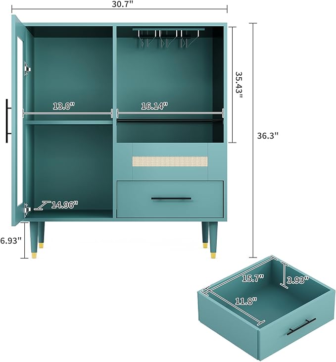 Garvee Wine Bar Cabinet with Tempered Glass Door & Rack, 30.7" Freestanding Modern Buffet Sideboard for Dining Room, Kitchen Coffee Bar & Liquor Storage Cabinet with Drawers and Glass Holder
