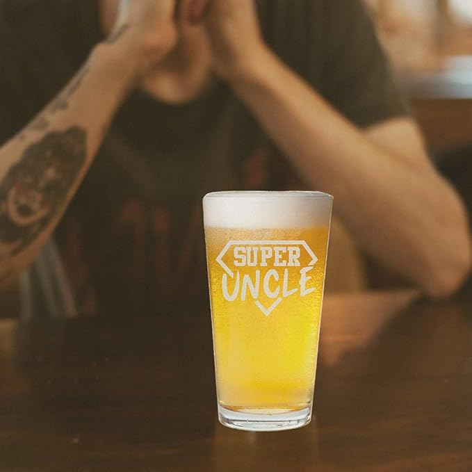 Veracco Super Uncle Funny Birthday Gift Fathers Day For Dad Grandpa Stepdad Pint Beer Glass (Clear)