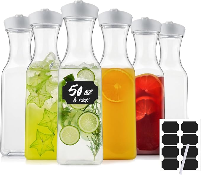50 Oz Water Carafe with Lids, Square Plastic Pitcher for Mimosa Bar, Drinks, Milk, Iced Tea, Juice Container for Fridge, BPA-Free, NOT DISHWASHER SAFE (6 Pack)