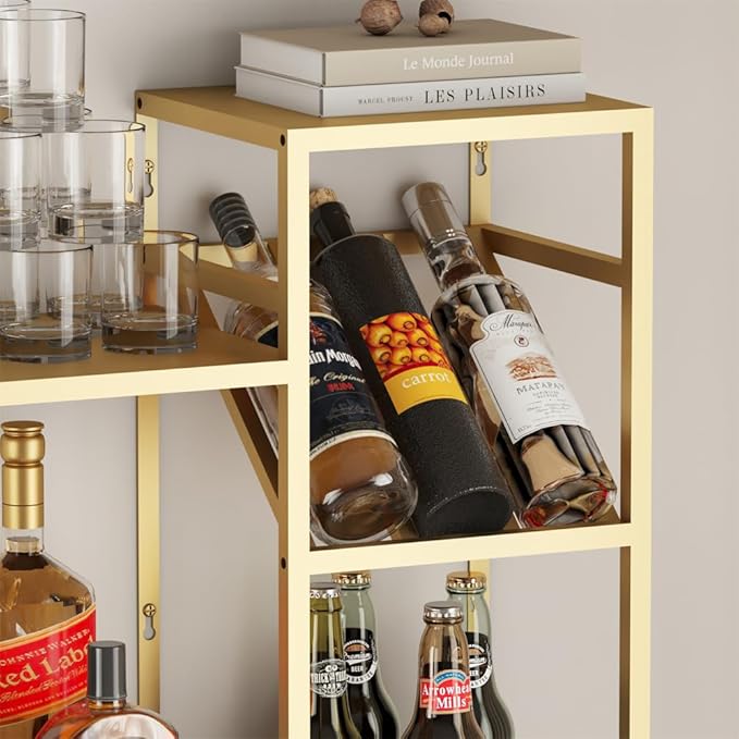 Metal Floating Bar Liquor Shelves 2 Tier, Wall Mounted Wine Rack with Glass Holder Storage, Wall Bar Shelf Wine Display Storage Holder for Kitchen Dining Room Bar (Gold)