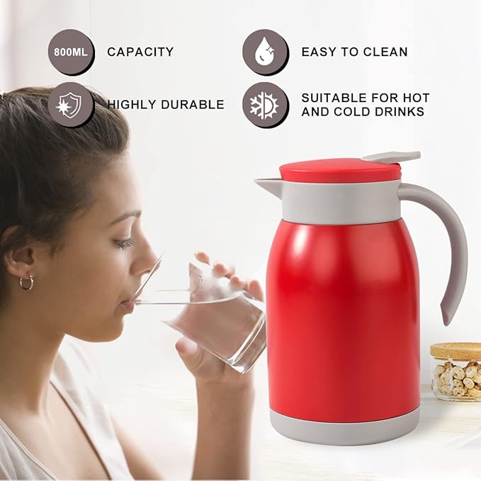 Stainless Steel Thermal Coffee Carafe, Double Walled Vacuum Water and Beverage Dispenser, 12 Hour Heat Retention, 27OZ /800ML (Red)