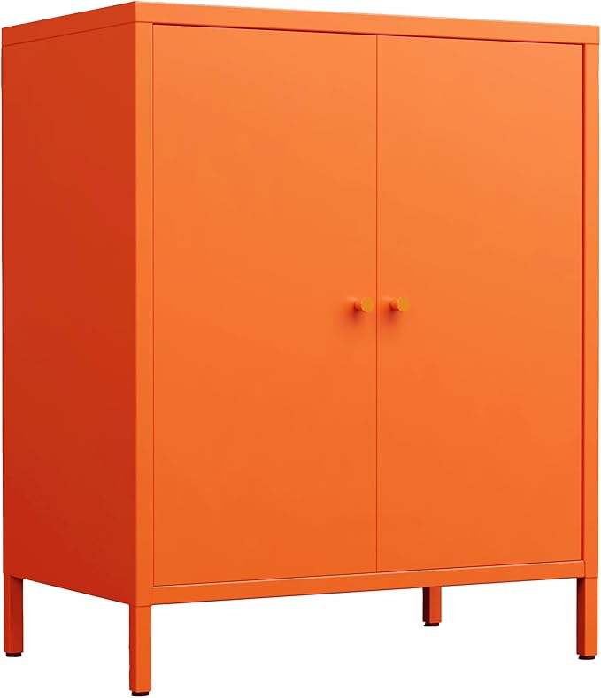 Small 2 Transparent Door Metal Storage Side Buffet Cabinet for Bed Room,Living Room,Entryway,Hallway,Home,Hotel,Office,Garage,Kitchen,1 Removable Shelf. (Metal Door, Orange)