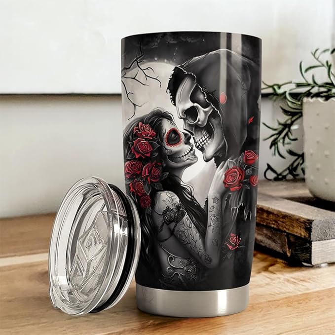 Skull Couple Tumbler 20oz Stainless Steel Insulated Coffee Travel Cup Tumblers Gifts for Wife Husband Boyfriend Girlfriend on Birthday Christmas Valentines Anniversary