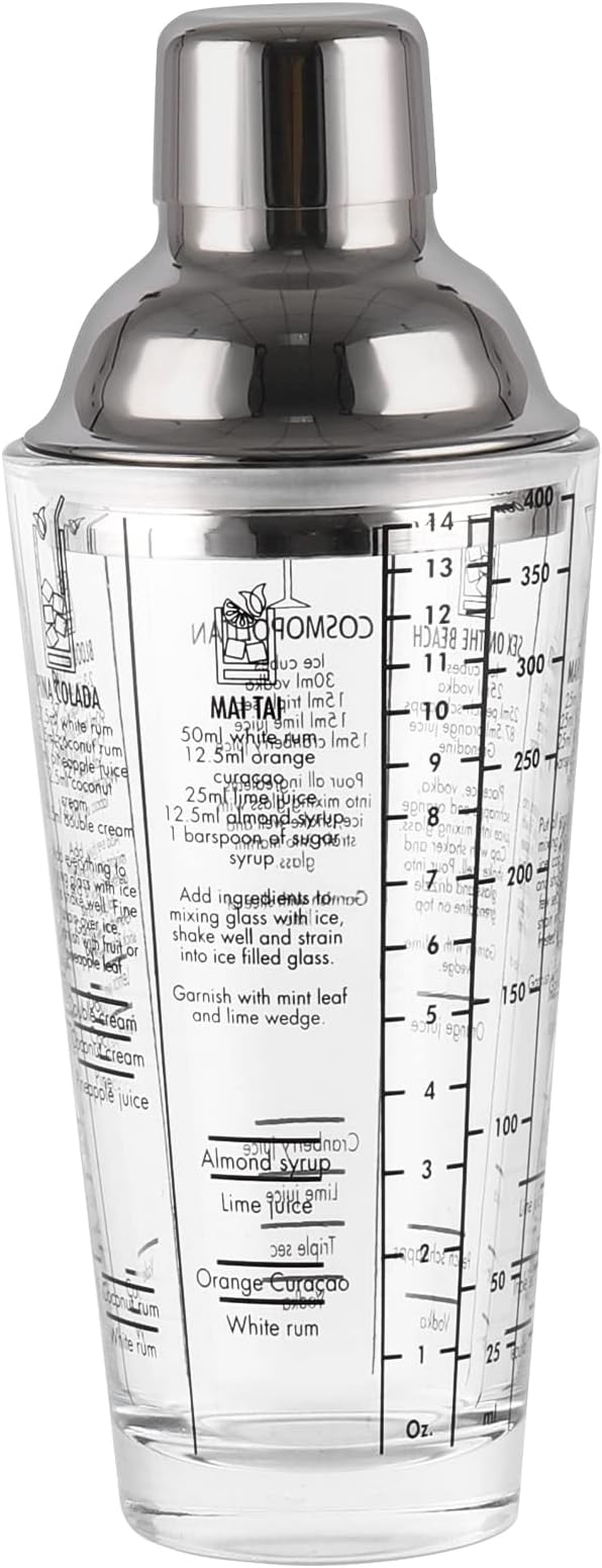 Cocktail Shaker Glass,Martini Shaker With Recipes on Side 13.5oz Mixed Drink Shaker with Glass Cup Professional Bar Tool with Scale Glass (Recipes)