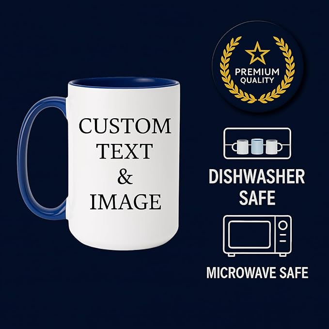 Customized 15oz Ceramic Coffee Mugs with Personalized Text and Photo Image Upload Novelty Gift, Personalize With Different Design And Images, Custom Gift (Dark Blue)