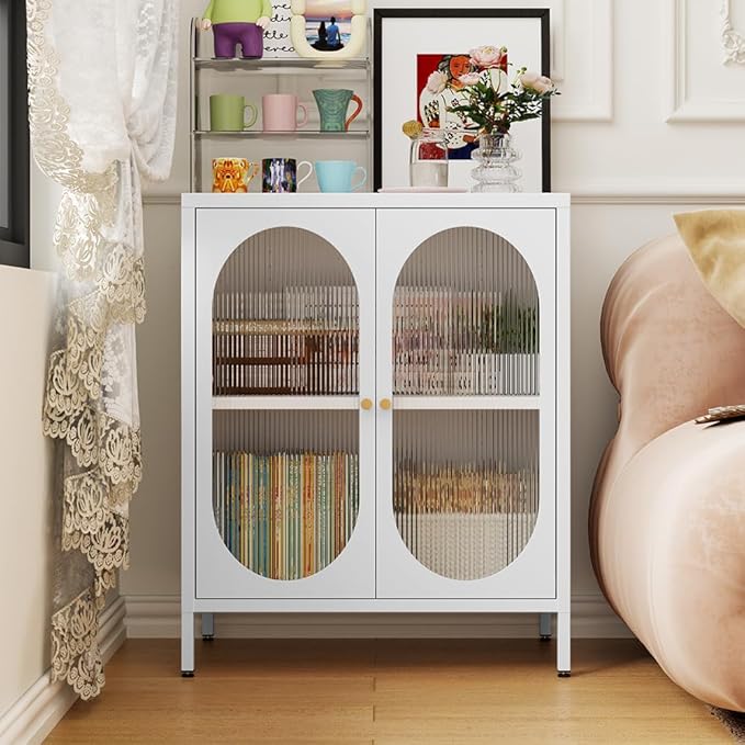 Small 2 Transparent Door Metal Storage Side Buffet Cabinet for Bed Room,Living Room,Entryway,Hallway,Home,Hotel,Office,Garage,Kitchen,1 Removable Shelf. (Transparent Door, White)