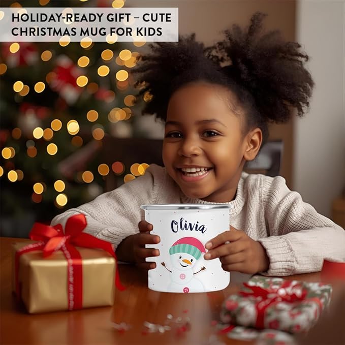 Andaz Press Personalized Name 11oz. Kids Christmas Hot Chocolate Stainless Steel Campfire Coffee Mug, Charming Snowman Pink Aqua Hat Hello, 1-Pack, Custom Birthday Xmas Cup Kids Hot Chocolate Mug