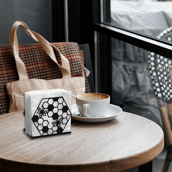 Honeycomb Bee Decorative Black Metal Napkin Holder for Table, 5.3" x 4.7" x 2" Insect Animal Standing Napkin Holder for Home Kitchen Restaurant Picnic Party Coffee Bar Dining Room