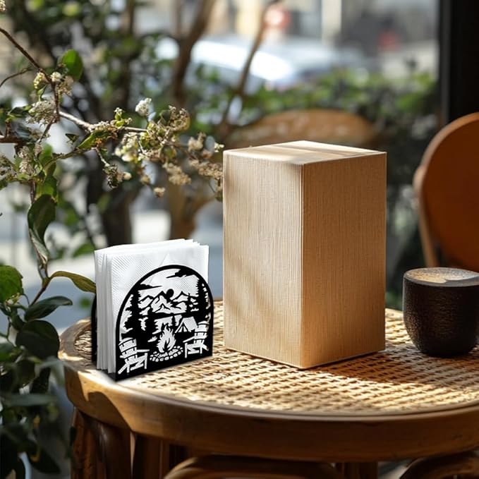 Camping Bonfire Outdoors Decorative Black Metal Napkin Holder for Table, 5.3" x 4.9" x 1.9" Mountain Standing Napkin Holder for Home Kitchen Restaurant Picnic Party Coffee Bar Dining Room