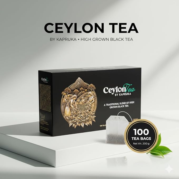 Kapruka 100% Pure Ceylon Black Tea | 100 Tea Bags Individually Wrapped - Fresh High Grown Tea Bags | Sri Lanka Tea – Premium Hand-Picked, High-Altitude Leaves for Bold, Rich Flavor – Authentic Sri Lankan Tea