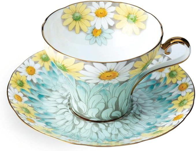 Aynsley Daisy Corset Fine Bone China Teacup & Saucer Set - 5oz (150ml), Hand-Painted Gold Trim, Christmas Gift for Tea Lovers, Elegant Afternoon Tea Set(Blue)