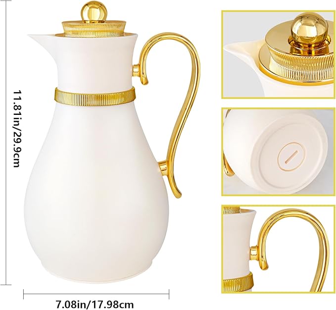 Insulated Thermal Coffee Carafe, 33 oz, Arabic-Style Coffee Pot,Insulated Carafe Flask for Coffee Hot Cold Drink Tea,Housewarming Ornaments (White)