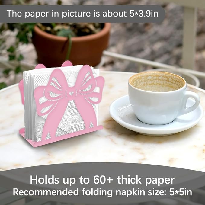 Pink Bow Decorative Metal Napkin Holder for Table, 5.9" x 5.3" x 1.9" Bow Standing Napkin Holder for Home Kitchen Restaurant Picnic Party Coffee Bar Dining Room
