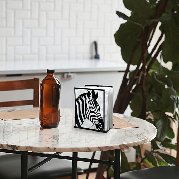 Zebra Decorative Black Metal Napkin Holder for Table, 5.3" x 4.9" x 1.9" Zebra Wild Animal Standing Napkin Holder for Home Kitchen Restaurant Picnic Party Coffee Bar Dining Room
